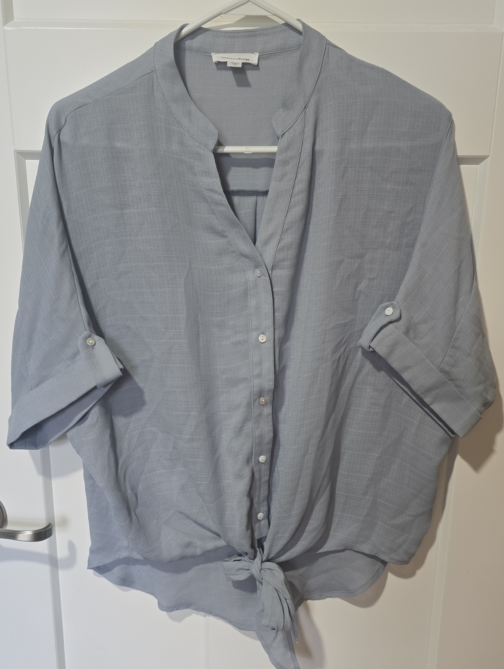 mittoshop Pale Blue Tie-Front Collarless Button-Down Shirt